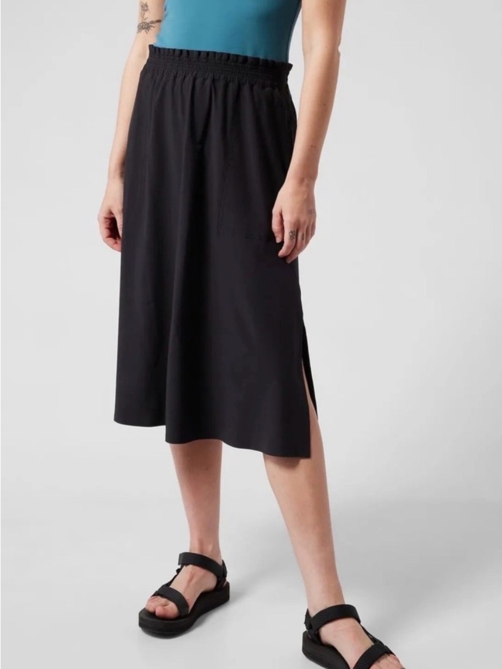 Athleta Black Savanna Elastic-Waist Midi Skirt with Side Slit size S